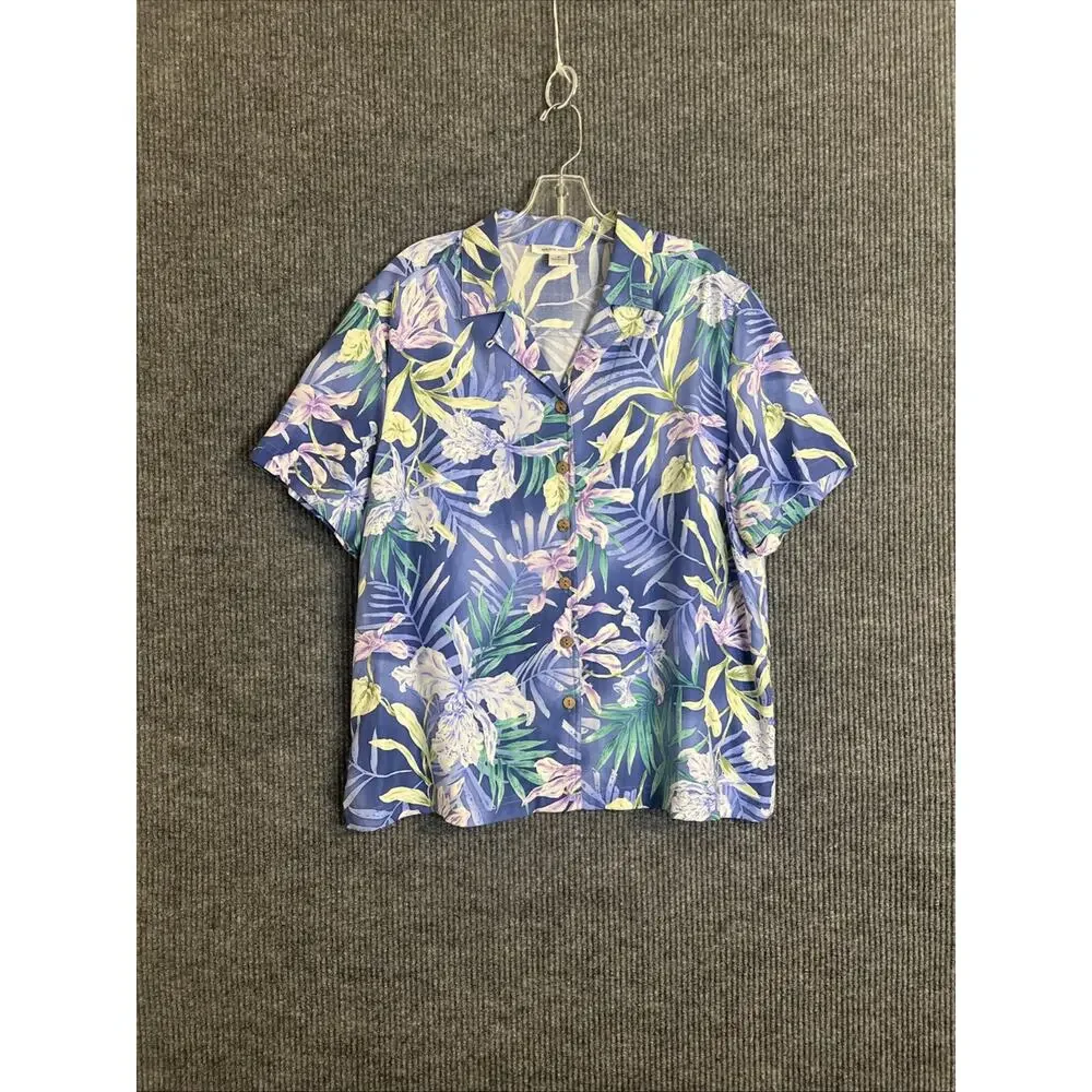 Kriss Kross Womens Floral Tropical Button Up Shirt Size 16 Silk Cruise Resort